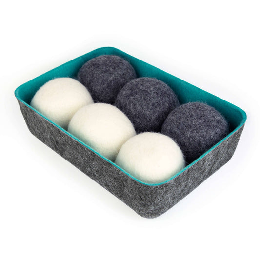 Felt·like·it!™ dryer balls + storage bin s/6 WHITE + GRAY in BLUE felt bin