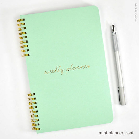 Weekly Planner with Mint Cover and Gold School Cursive