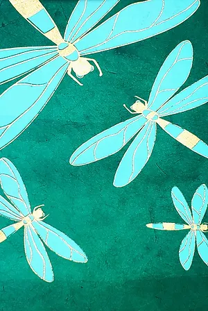LOKTA DRAGONFLIES, BLUE AND GOLD ON MALACHITE, 2 COLOR