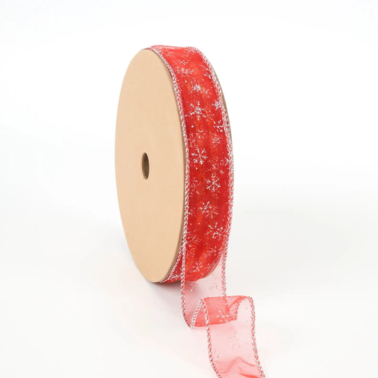 1" WIRED RIBBON SNOWFLAKES ON RED 10 YD