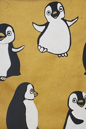 LOKTA PENGUINS, BLACK AND WHITE ON BUTTERSCOTCH, 2 COLOR