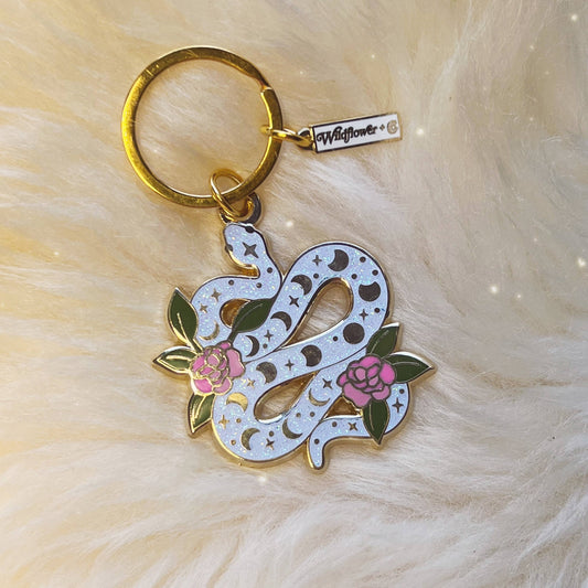Serpent Enamel Keychain, White Glitter - Stocking Stuffer