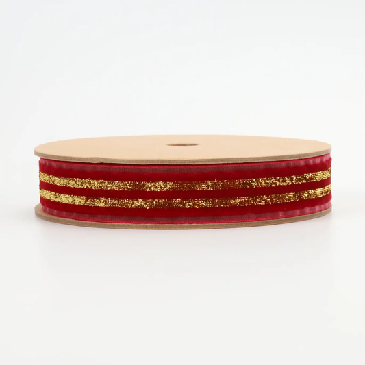 7/8" STRIPED METALLIC VELVET RIBBON RED/GOLD 10 YD